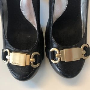 Calvin Klein Black Leather Pumps with Gold Buckle